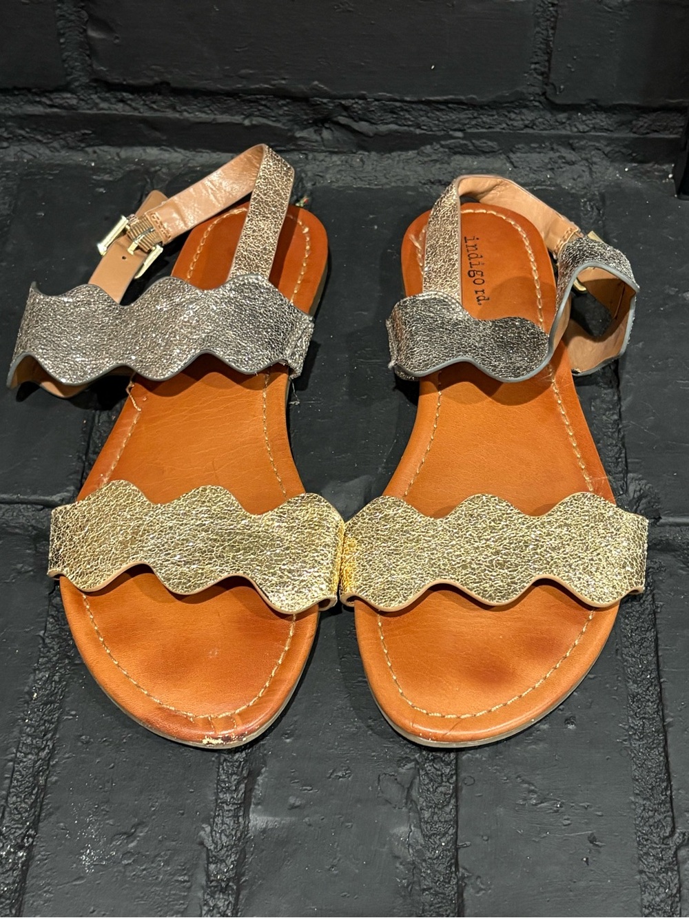 Indigo Gold Metallic Wavy-Strap Sandals